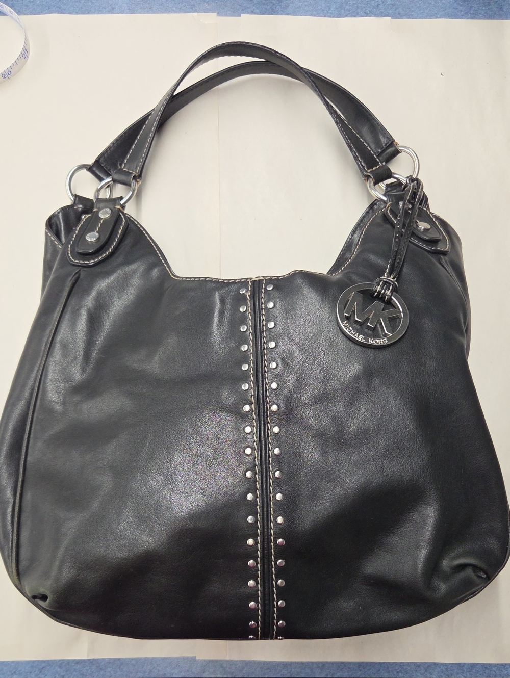 Michael Kors Black Leather Shoulder Bag with MK Charm and Stud Accents